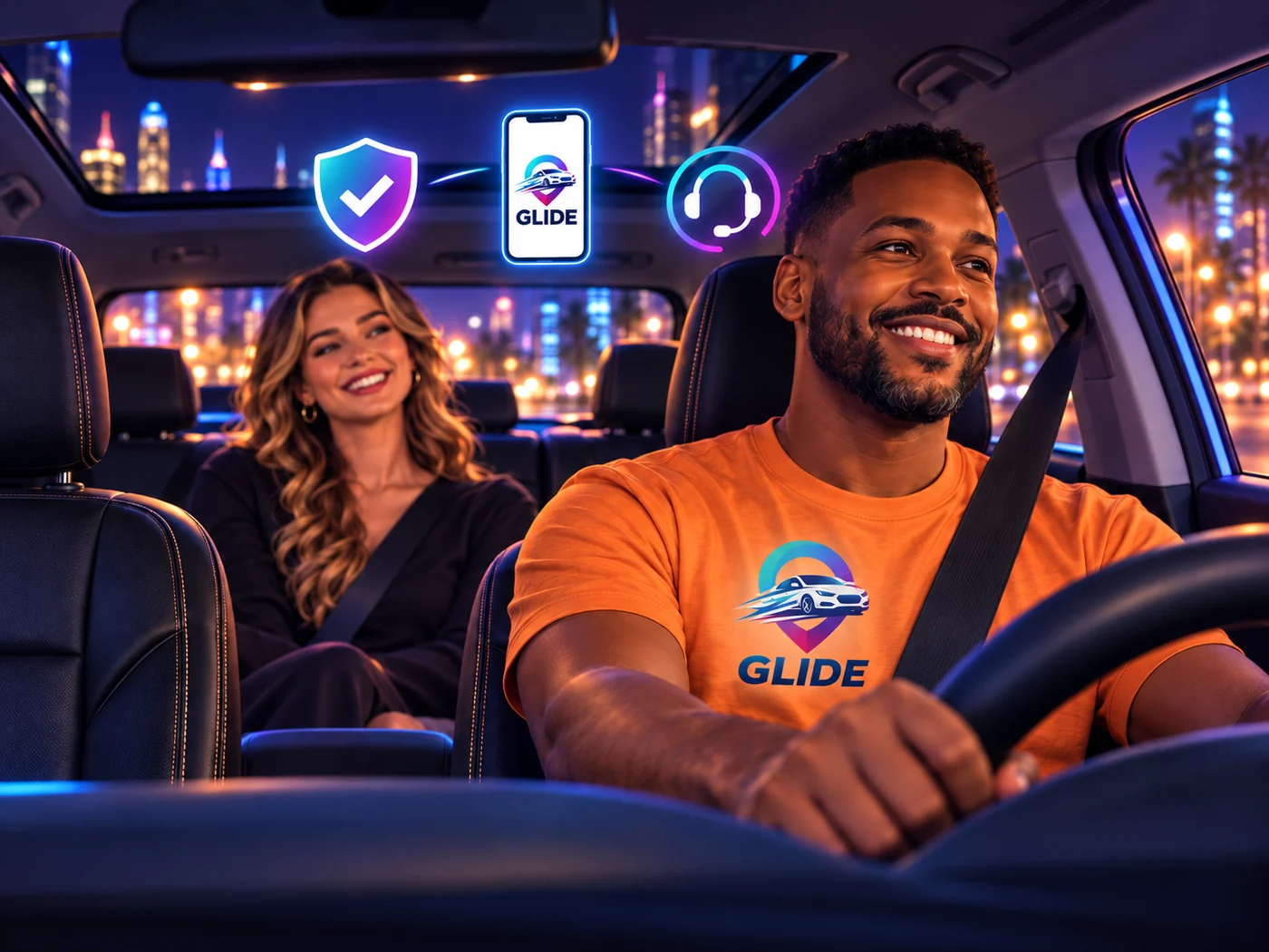 A smiling GLIDE driver in an orange GLIDE t-shirt driving a happy rider through the city at night, with glowing safety, app and support icons above