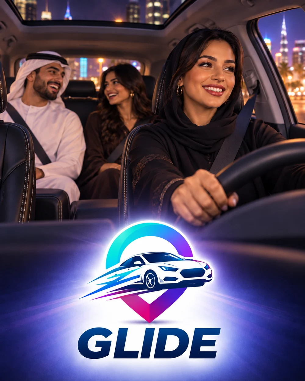 A smiling GLIDE driver at the wheel with two happy riders in the back on a night ride through the city, with the GLIDE logo glowing below