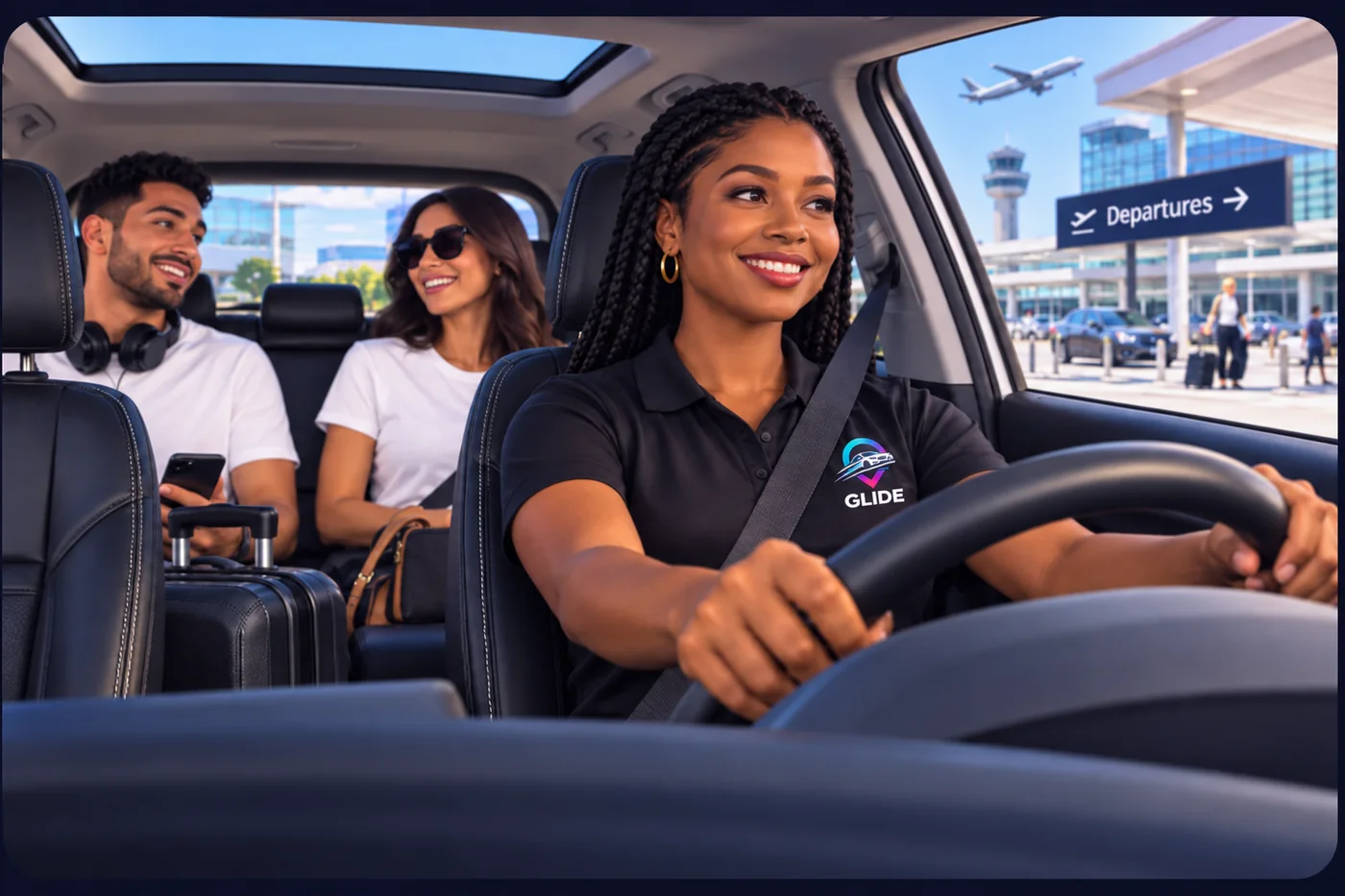 A smiling GLIDE driver in a GLIDE polo taking two happy riders with luggage to the airport departures curb
