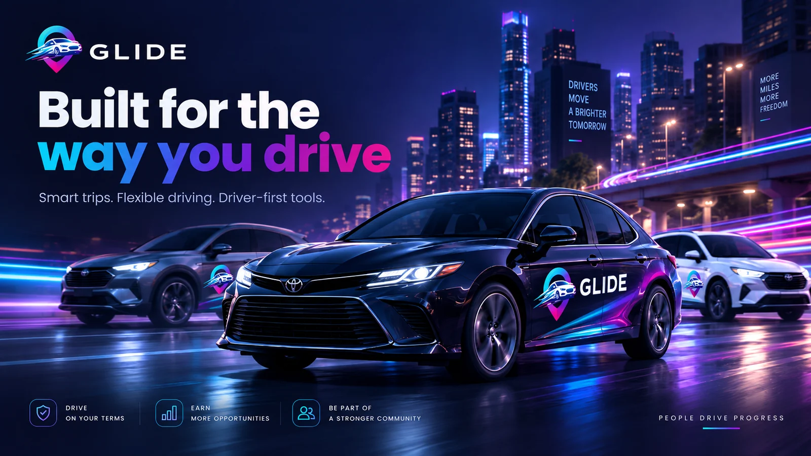 Three GLIDE cars on a city highway at night: drive on your terms, earn more opportunities, be part of a stronger community