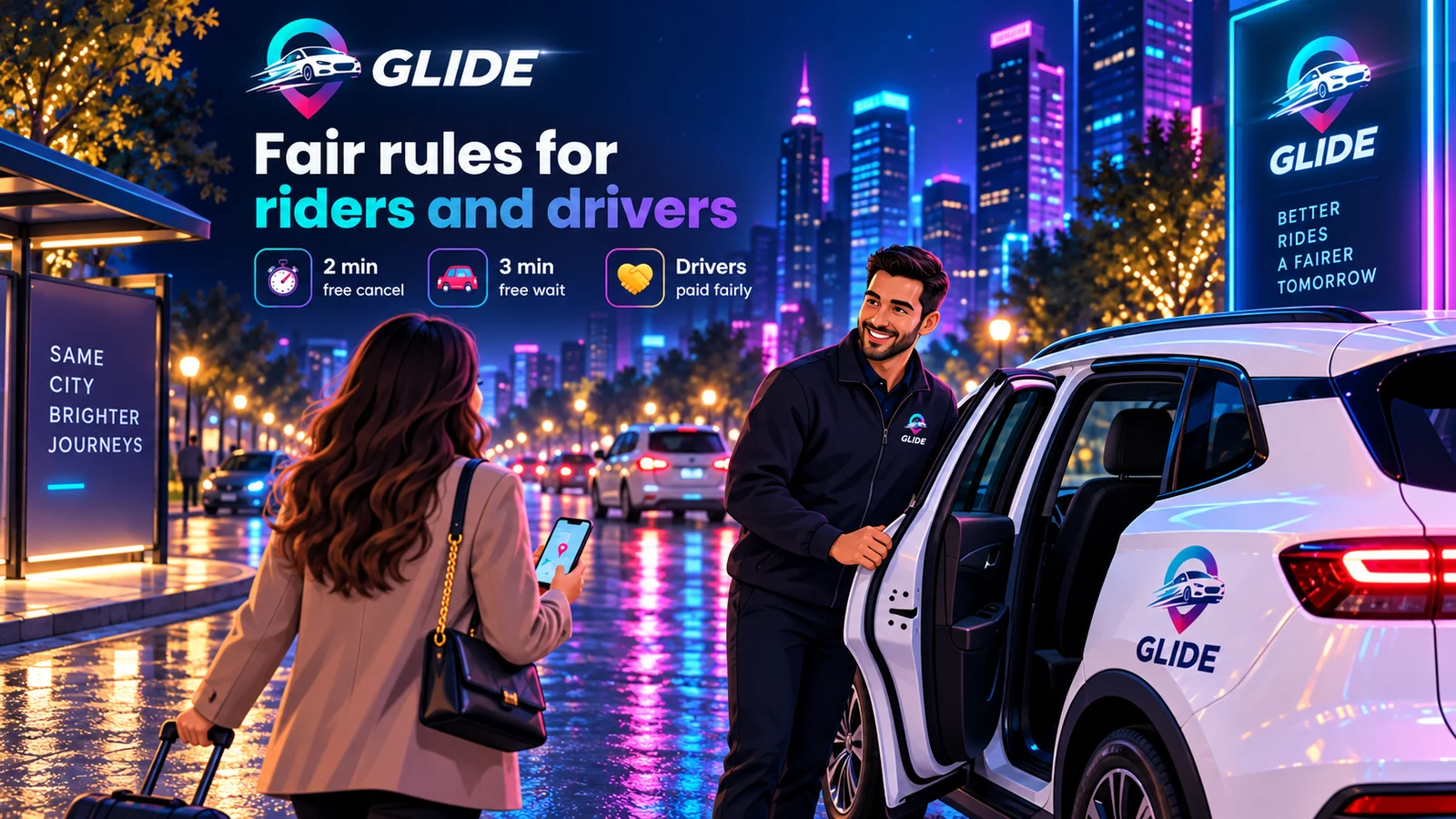 A smiling GLIDE driver holding the door of a white GLIDE SUV for a rider with a suitcase on a city street at night, with highlights: 2 min free cancel, 3 min free wait, drivers paid fairly