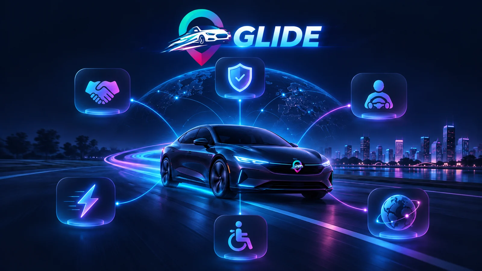 A GLIDE car on a night road, connected to six glowing values: transparency, safety, drivers first, speed, accessibility and rides for every journey