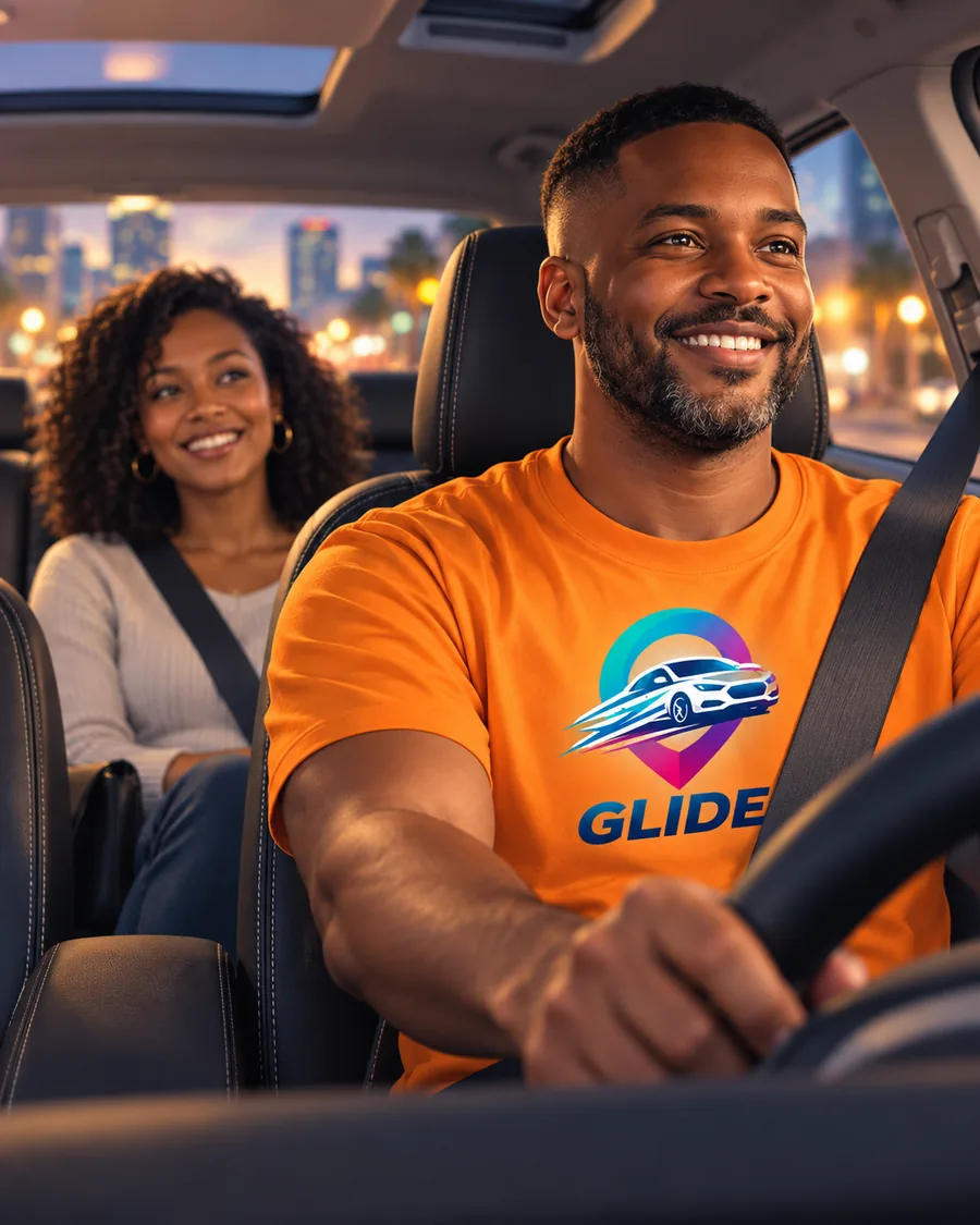 A smiling GLIDE driver with a rider in the back seat at night