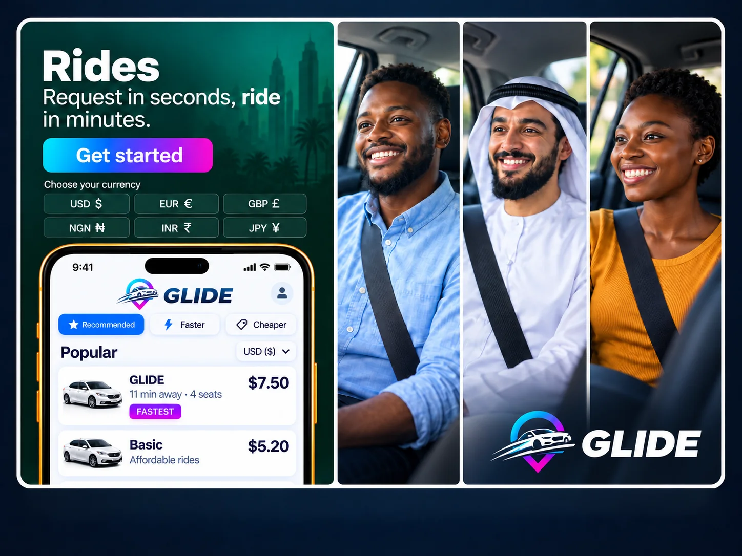GLIDE Rides — request in seconds, ride in minutes, pay in your currency