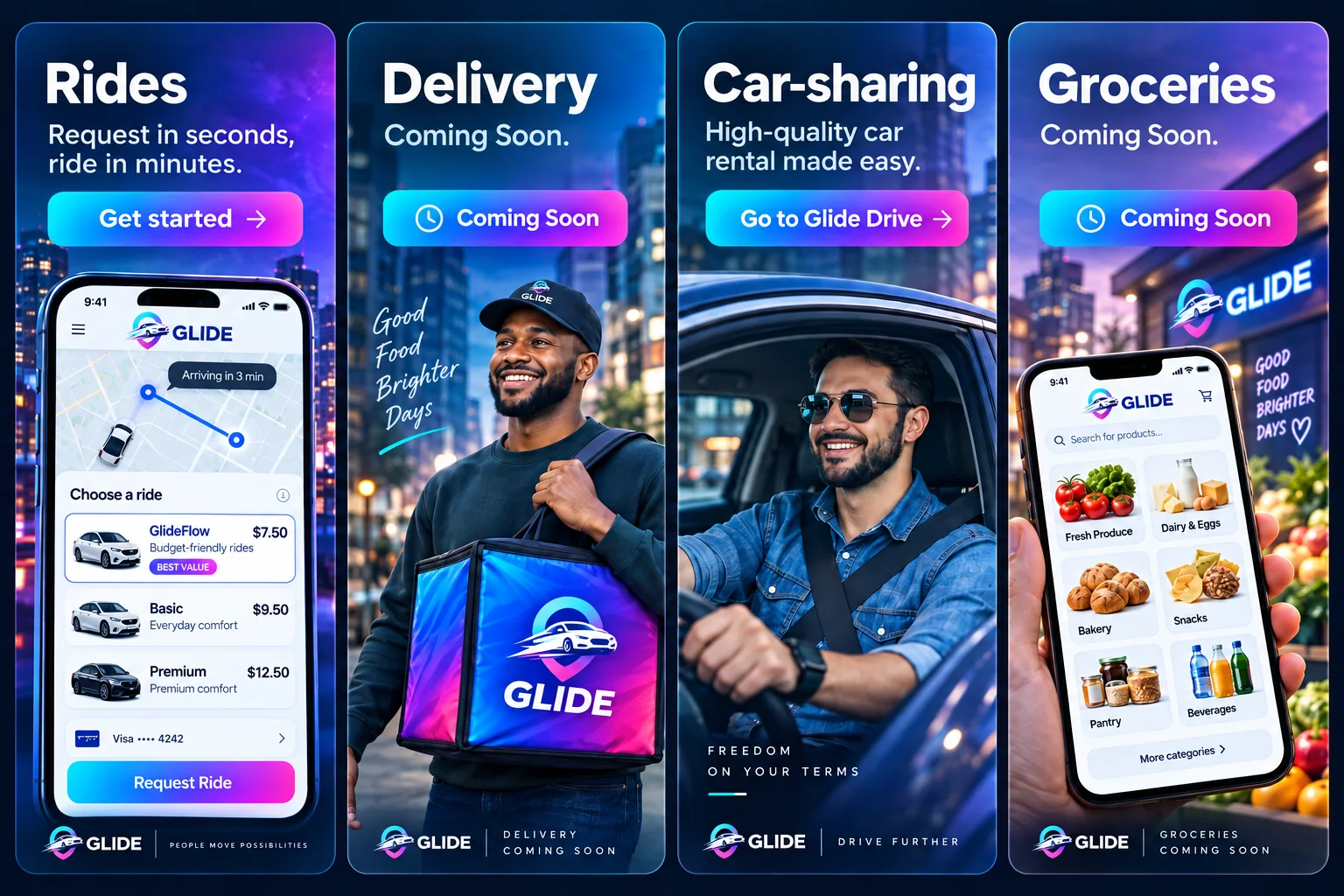 GLIDE: Rides, Delivery (coming soon), Car-sharing and Groceries (coming soon)